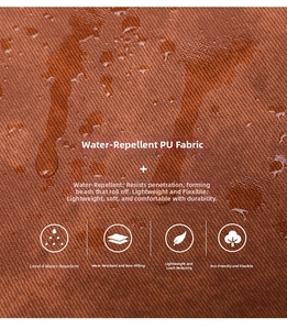 Close-up of water-resistant brown PU leather texture on a lightweight backpack