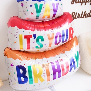 Detail of three-tier cake foil balloon with colorful YAY IT'S YOUR BIRTHDAY text