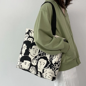 Grande borsa tote in tela stile europeo con illustrazione artistica di personaggi in bianco e nero