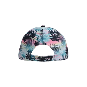 Rear view of tropical palm tree print baseball cap with adjustable velcro strap closure