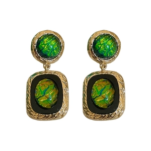 Retro resin geometric earrings with gold textured metal frames and iridescent gemstone inlay