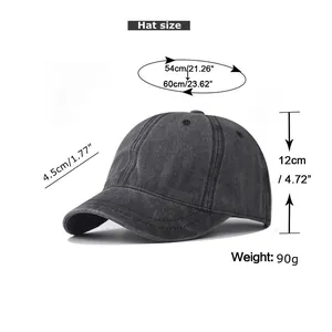 Size guide for washed cotton short brim baseball cap with detailed measurements in cm and inch