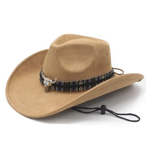 Classic camel faux suede cowboy hat with ethnic braided band and silver bull skull accent