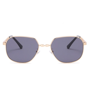 Modern small square sunglasses with gold metal frame and grey lenses for street style
