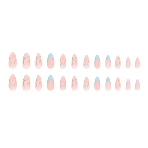 Pink and blue almond fake nails with gold lines and heart accents 24pcs set