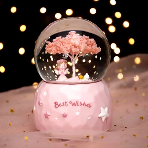 Romantic Cherry Blossom Girl Musical Snow Globe LED Light Desktop Ornament Pink Dreamy Angel Crystal Ball Christmas Gift