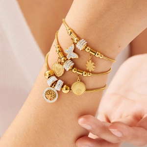 Bracelet À Charmes En Acier Inoxydable Plaqué Or Femme Chaîne Serpent Strass Cœur Papillon Arbre De Vie Bijoux