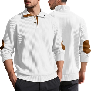Men Knit Sweater Stand Collar Jacquard Pullover With Suede Elbow Patches Long Sleeve Casual Urban Fashion Streetwear