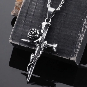 Vintage Gothic Rose Wrapped Nail Cross Pendant Necklace Stainless Steel Distressed Punk Streetwear Jewelry For Men Women
