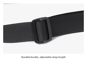 Detail of durable plastic buckle and adjustable nylon strap for men's crossbody chest bag
