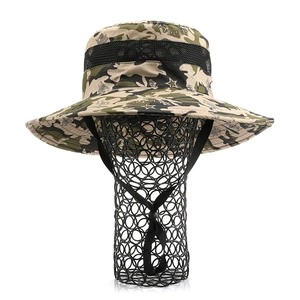 Outdoor camouflage sun hat with wide brim, breathable mesh and adjustable chin strap