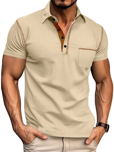 Detail of men's slim fit polo shirt with brown contrast placket and chest pocket