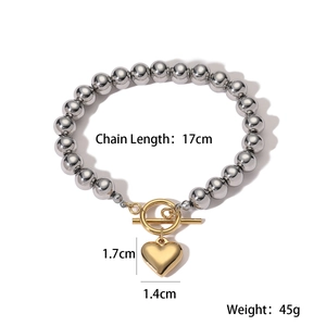 18k vergoldetes Edelstahl-Perlenarmband mit goldenem Herzanhänger und T-Bar Verschluss