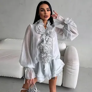 Ruffled Long Sleeve Top And Shorts Chiffon Pleated Textured Design With 3D Flower Decoration Sweet Romantic Elegant