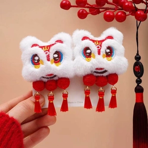 New Year Chinese Lion Dance plush hair clips with embroidery and red tassels