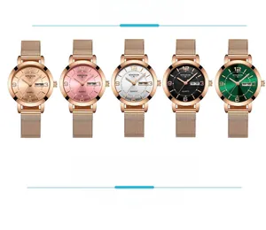 Detailed view of five quartz watch dial colors with rose gold mesh steel bands