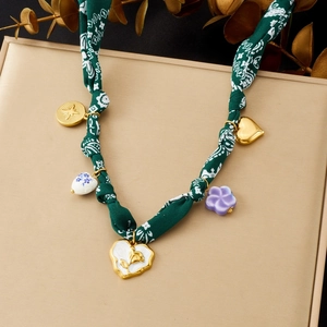 Bohemian Ethnic Fabric Rope Necklace Stainless Steel Gold Plated Heart Flower Pendant Paisley Pattern Jewelry Women