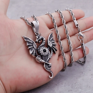 Steampunk dragon pendant with black gemstone and silver twist chain for men