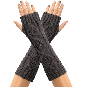 Detail of dark grey cable knit arm warmers showing diamond patterns and ribbed cuffs