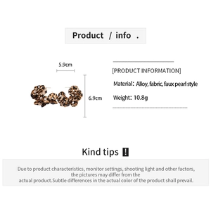 Detailed size specifications for leopard print fabric flower earrings with faux pearls