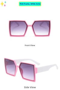 Detail view of pink square frame children's sunglasses with white temples and gradient lenses