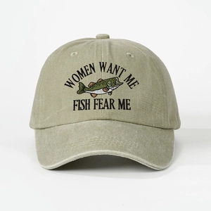 Casquette de baseball rétro en coton lavé vert kaki avec broderie poisson et slogan d'humour