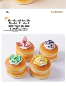 Macro detail of realistic PU foam souffle cake models with strawberry and blueberry topping