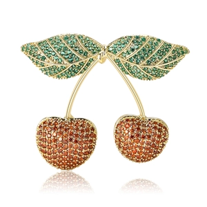 Elegant cherry brooch with gold alloy frame and sparkling red and green micro-pave crystals