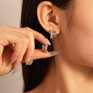C-Shaped Double Layer Hoop Earrings Copper Zircon Geometric Stud Texture Fashion Commute For Women With Silver Earring Post
