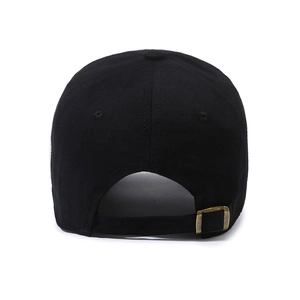 Adjustable black cotton baseball cap showing back metal buckle and premium stitching