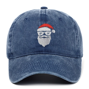 Washed dark blue denim baseball cap with embroidered Santa Claus wearing sunglasses