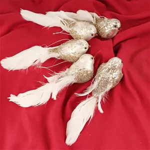 Set of five white feathered Christmas birds with silver textures and golden glitter accents