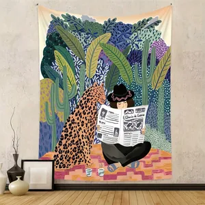 Arazzo Da Parete Arte Illustrazione Poliestere Giungla Tropicale Tigre Leopardo Donna Che Legge Modello Boho Retro Arredamento