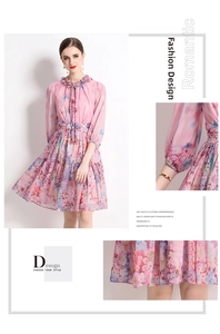 Detail of pink floral chiffon dress with ruffle collar, waist drawstring and elastic cuffs