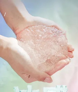 Detail shot of translucent pink polymer gel cooling material for pet sleeping mats