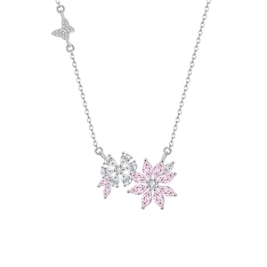 S925 sterling silver flower necklace with pink zirconia stones and butterfly pendant