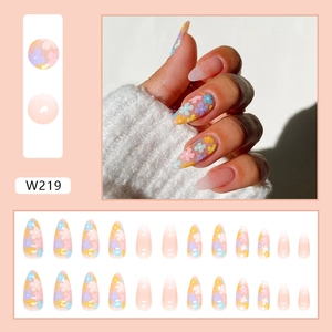 Almond shaped translucent press-on nails with colorful floral patterns 24-piece set