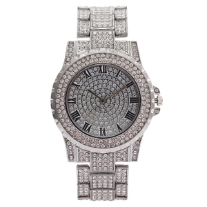 Silver crystal encrusted women's watch featuring Roman numerals and a full diamond dial