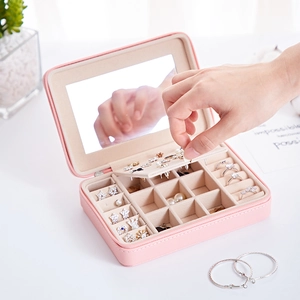 Pink PU leather travel jewelry box with mirror, earring panel and ring compartments