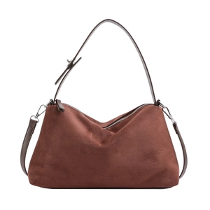 Vintage brown faux suede hobo bag with leather straps and silver hardware
