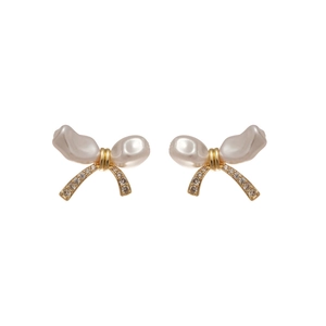 Elegant gold plated bow earrings with white pearls and sparkling cubic zirconia stones