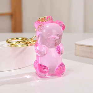Pink jelly bear acrylic keychain with golden metal ring for DIY backpack accessories