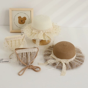 Ensemble chapeau de paille et sac bandoulière pour filles avec nœud en dentelle
