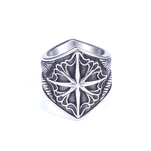 Detailed relief of vintage Viking compass star on antique silver shield-shaped ring