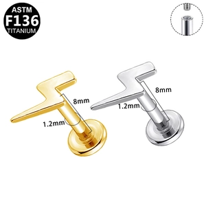 F136 titanium lightning stud piercing with 1.2mm 16G thread detail and dimensions
