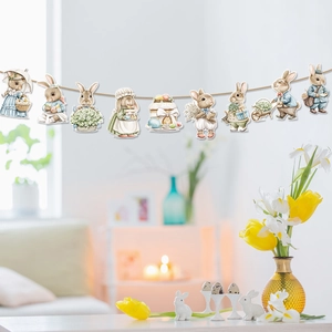 Easter banner detail with vintage watercolor bunny illustrations and festive decorations