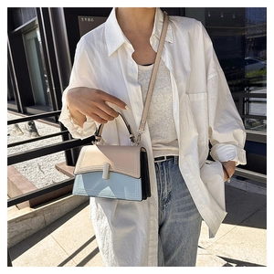 Photo de rue d'un sac bandoulière carré beige et bleu avec fermoir argenté chic