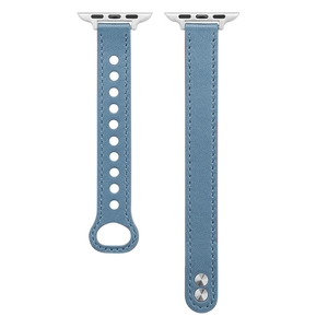 Blue leather replacement watch band compatible with Apple Watch, featuring metal studs.