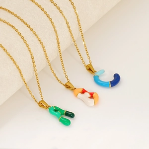 Colorful Enamel Initial Letter Pendant Necklace 18K Gold Plated Stainless Steel Abstract Alphabet Jewelry For Women