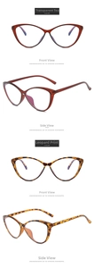 Detailed views of cat-eye eyewear frames in transparent tea and leopard tortoiseshell colors